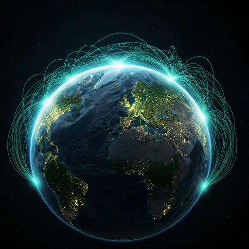 Earth at night with data connectivity lines